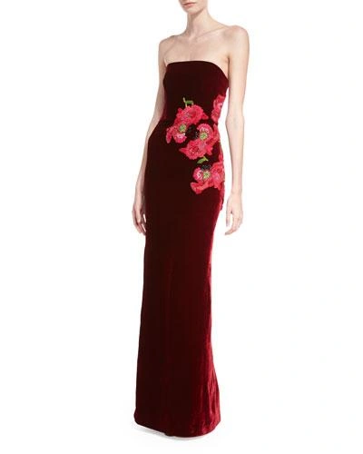 Monique Lhuillier Floral-embroidered Strapless Velvet Gown In Wine