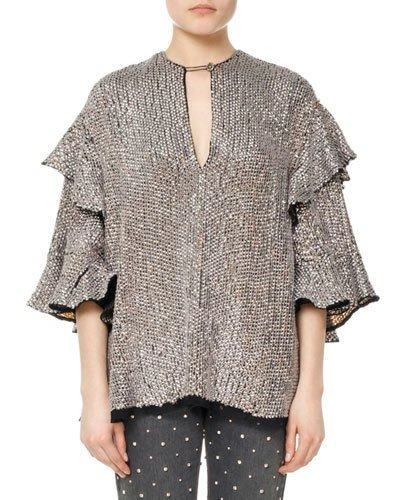 Isabel Marant Basile Ruffled Sequined Tulle Top In Metallic
