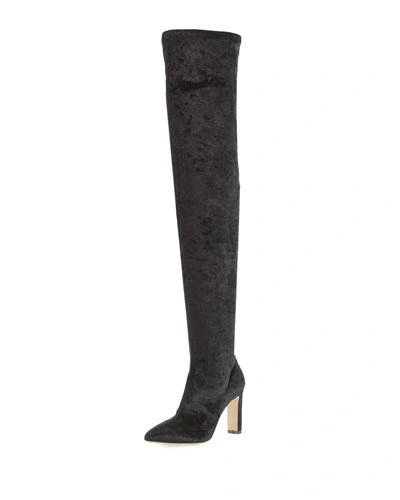 Jimmy Choo Lorraine 100 Black Stretch Glossy Techno Fabric Pointy Toe Over The Knee Boots
