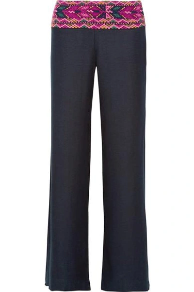 Figue Chanda Embroidered Silk-blend Wide-leg Pants In Midnight Navy