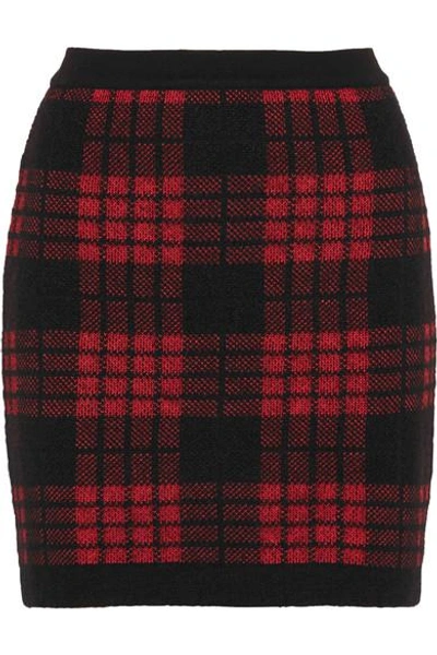 Balmain Tartan Knit Miniskirt, Red/black