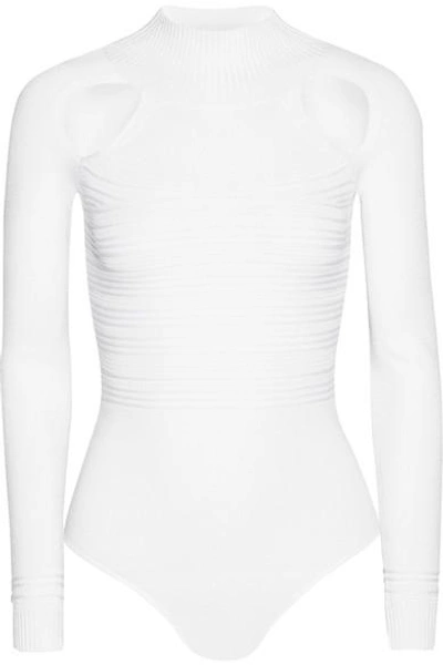 Cushnie Et Ochs Ribbed Mock-neck Thong Bodysuit With Cutouts, White