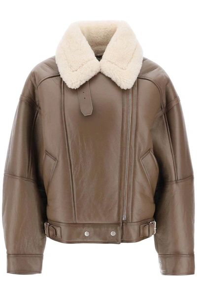 Acne Studios Lakota Shearling-trimmed Leather Biker Jacket In Brown Light Camel