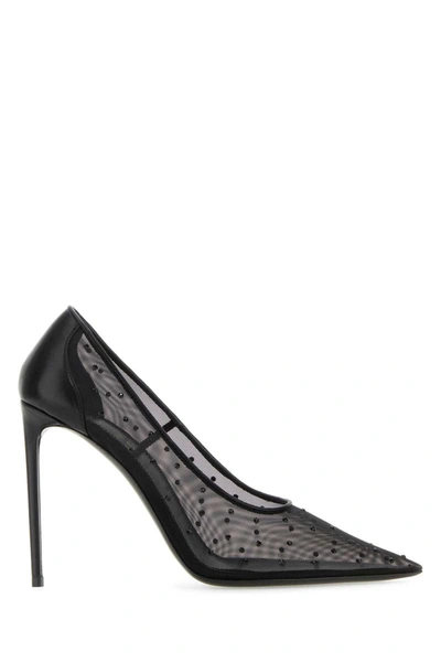 Saint Laurent Anja Leather-trimmed Crystal-embellished Mesh Pumps In Black