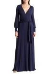 GO COUTURE LONG SLEEVE FAUX WRAP MAXI DRESS