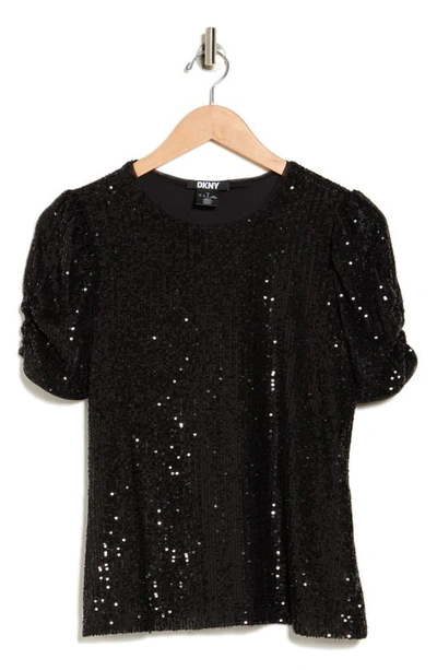 Dkny Women's Puff-sleeve Sequin-embellished T-shirt In Black