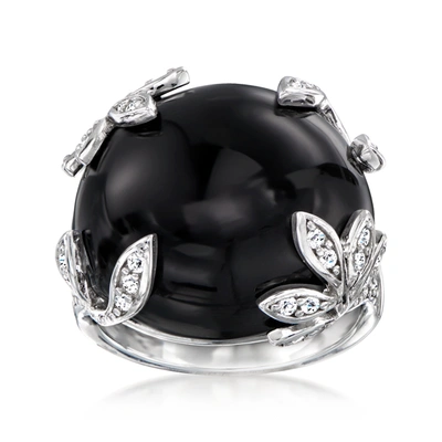 Ross-simons Onyx Leaf Ring With White Topaz In Sterling Silver In Black