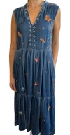 JOHNNY WAS MONARCA VELVET RUFFLE NECT TANK DRESS IN DENIM INDIGO