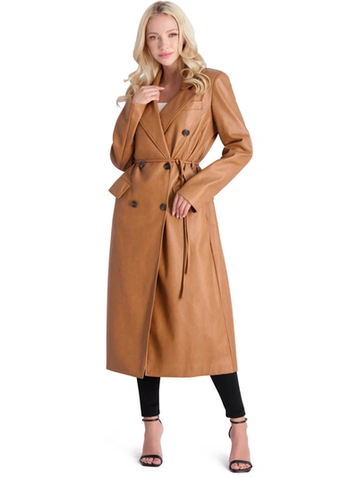 Avec Les Filles Womens Faux Leather Tie Waist Trench Coat In Brown
