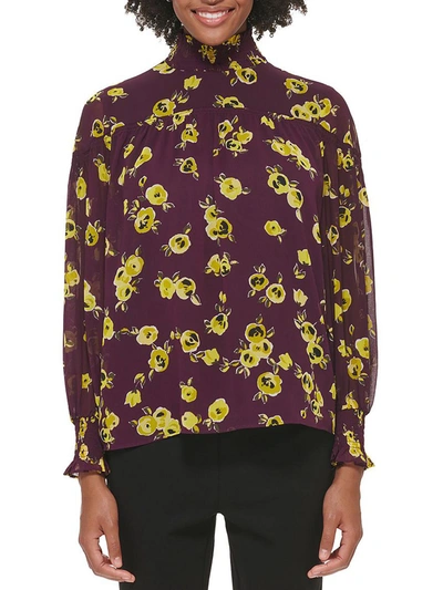 Calvin Klein Petites Womens Causal Floral Pullover Top In Purple