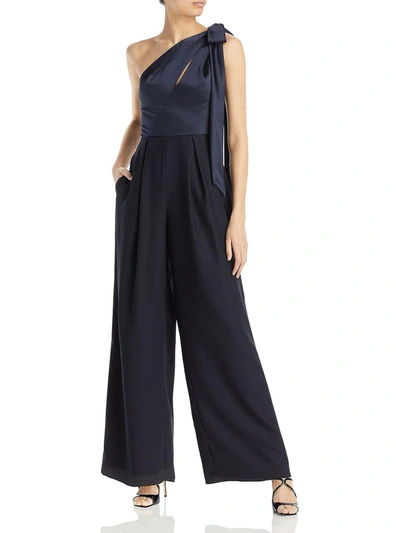 Amsale Satin Off-the-shoulder Draped Jumpsuit In Blue