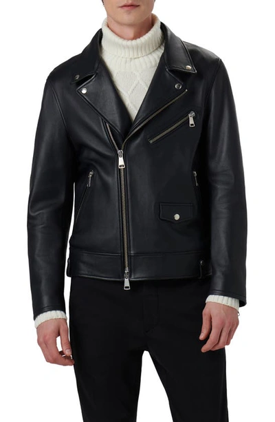 Bugatchi Full Zip Leather Biker Jacket In Caviar