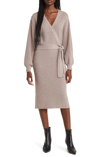 CHARLES HENRY LONG SLEEVE FAUX WRAP SWEATER DRESS