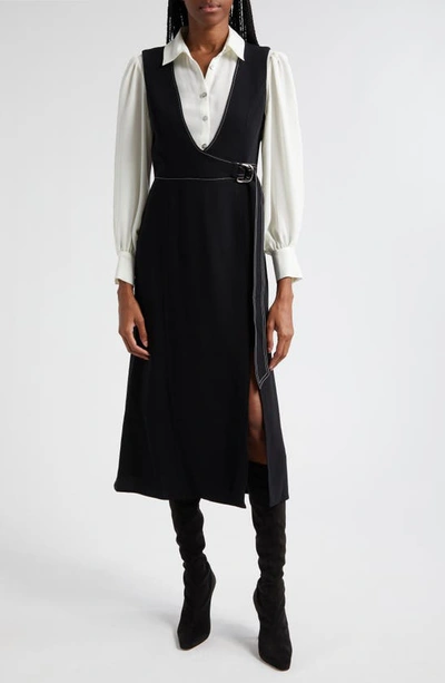 Cinq À Sept Ambre Belted Midi Combo Crepe Shirtdress In Black/ Ivory