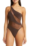 Norma Kamali Snake Mesh One-shoulder Swimsuit In Chocolate/ Chocolate Mesh