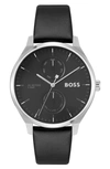 Hugo Boss Men's Tyler Quartz Multifunction Black Leather Watch 43mm In Black