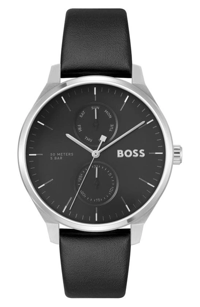 Hugo Boss Men's Tyler Quartz Multifunction Black Leather Watch 43mm In Assorted-pre-pack