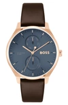 Hugo Boss Gold-tone Watch With Blue Dial And Leather Strap Men's Watches In Blue