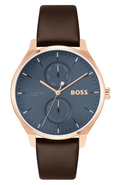 Hugo Boss Gold-tone Watch With Blue Dial And Leather Strap Men's Watches In Assorted-pre-pack