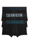 Calvin Klein Assorted 3-pack Intense Power Micro Low Rise Trunks In Black W/ Atlantic Deep/blueberry/aquatic Logos