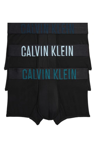 Calvin Klein Assorted 3-pack Intense Power Micro Low Rise Trunks In Black W/ Atlantic Deep/blueberry/aquatic Logos