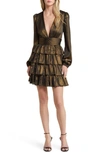 CHARLES HENRY PLUNGE NECK TIERED LONG SLEEVE MINIDRESS
