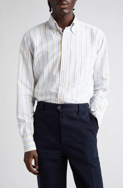Drake's Thin Dual Stripe Cotton Oxford Button-down Shirt In Blue/ Yellow/ Lt Blue