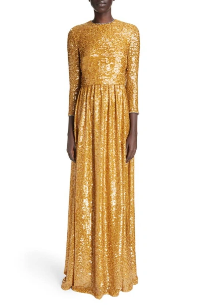 Erdem Sequin-embellished Three-quarter Sleeve Gown In Gold