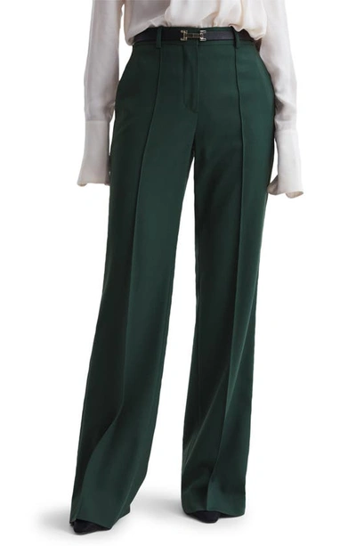 Reiss Wide - Bottle Green Jade Wide Wide Leg Wool Blend Mid Rise Suit Trousers, Us 4