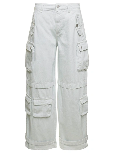 Icon Denim Rosalia White Low Waisted Cargo Jeans With Patch Pockets In Cotton Denim Woman