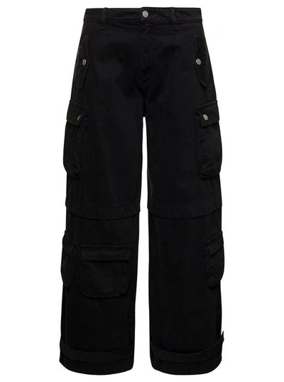 Icon Denim Rosalia Black Low Waisted Cargo Jeans With Patch Pockets In Cotton Denim Woman