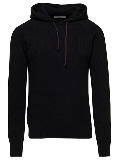 La Fileria Black Ribbed Hooded Sweater In Wool Blend Man