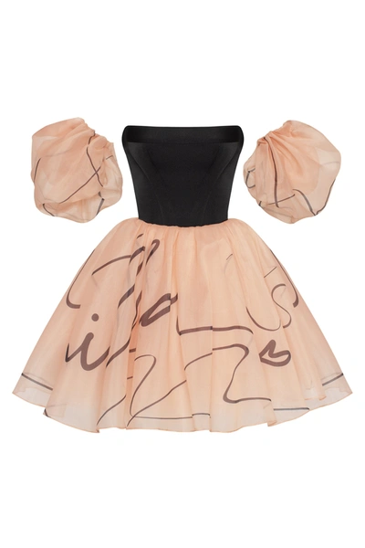 Milla Puffy Mini Dress With 's Signature, Xo Xo In Beige