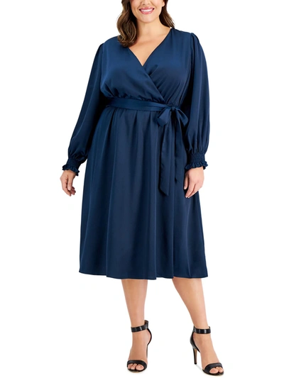 Taylor Plus Womens Satin Faux Wrap Midi Dress In Blue