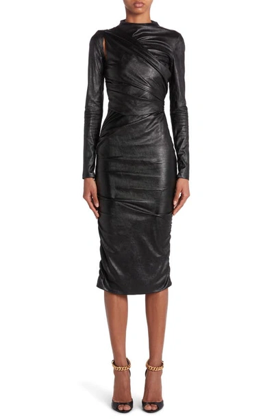 Tom Ford Ruched Faux Leather Midi Dress In Black