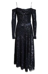 JASON WU COLLECTION SEQUIN COLD SHOULDER LONG SLEEVE CHIFFON COCKTAIL DRESS