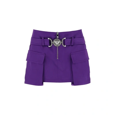 Versace Medusa Belted Duchesse Satin Mini Cargo Skirt In Purple