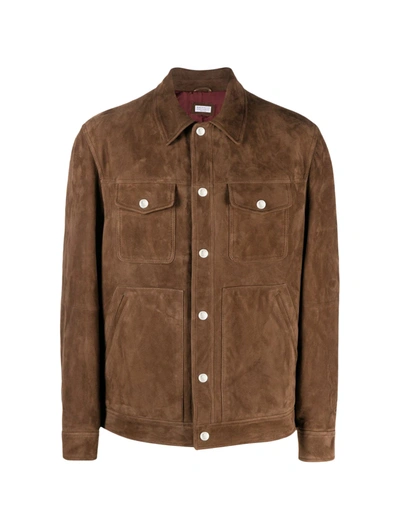 Brunello Cucinelli Leather Buttoned Jacket In Brown