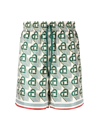 Casablanca Monogram Print Silk Twill Shorts In Green