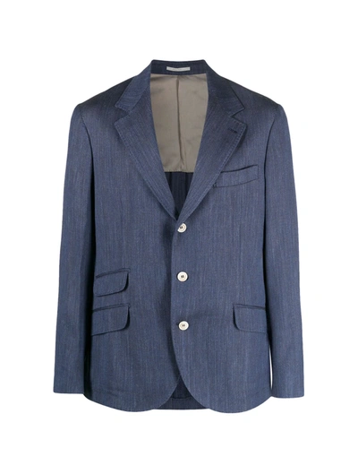 Brunello Cucinelli Herringbone-pattern Single-breasted Blazer In Blue