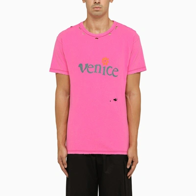 ERL PINK CREW-NECK T-SHIRT WITH WEARS