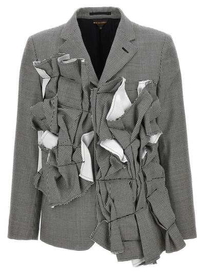 Comme Des Garçons Houndstooth Ruffled-detail Wool Blazer In White/black