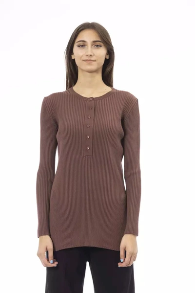 ALPHA STUDIO ALPHA STUDIO CHIC BROWN SIDE-SLIT SWEATER WITH BUTTON WOMEN'S DETAILS