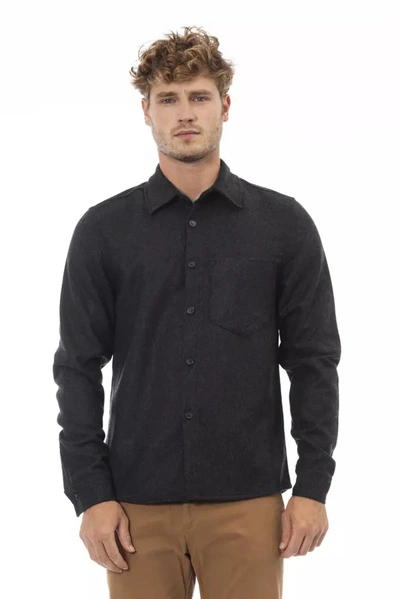 ALPHA STUDIO ALPHA STUDIO CHIC GRAY FLANNEL BUTTON-UP SHIRT WITH FRONT MEN'S POCKET