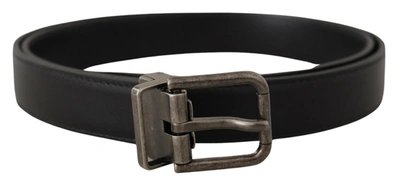 Dolce & Gabbana Black Plain Leather Vintage Logo Metal Buckle Belt