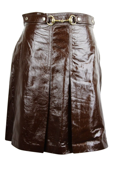 Gucci Women's Horsebit Dark Brown Patent Leather Straight Skirt (g 40)