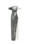 Milla Noteworthy White Satin Maxi Gown Covered In Silver Sequins, Xo Xo In Silver