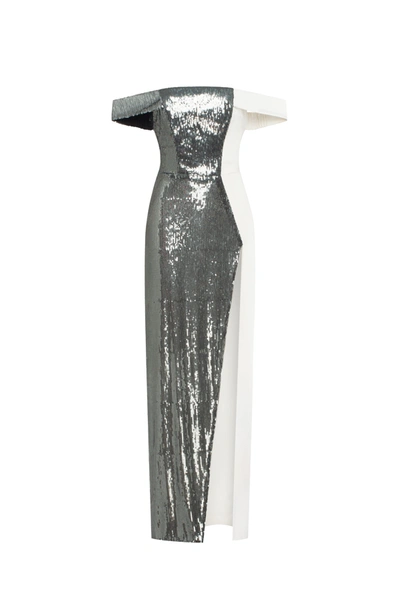 Milla Noteworthy White Satin Maxi Gown Covered In Silver Sequins, Xo Xo