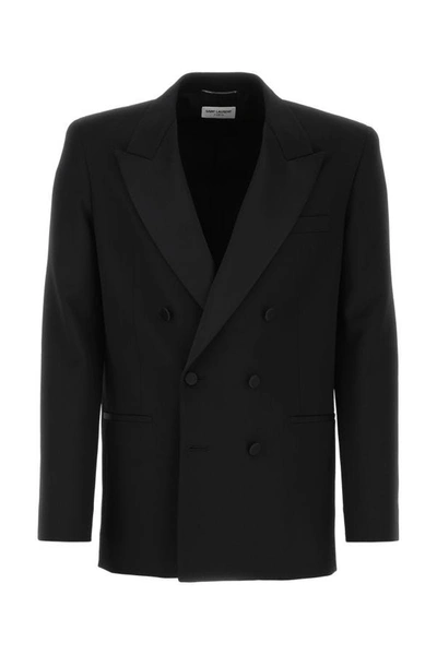 Saint Laurent Double-breasted Satin-trimmed Grain De Poudre Wool Blazer In Black