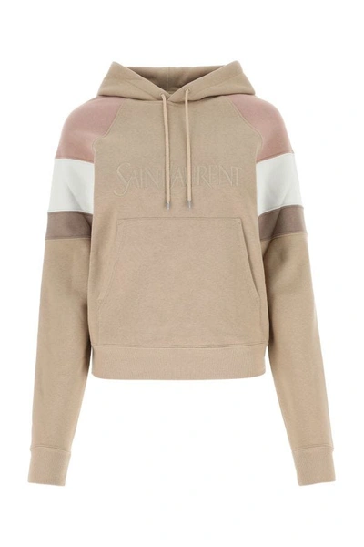 Saint Laurent Logo Embroidery Hooded Sweatshirt Male Beige In Brown